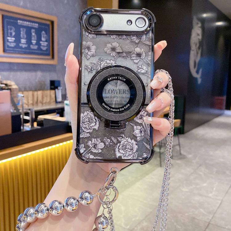 For iPhone Air Gradient Glitter Flowers Electroplated Phone Case with Beaded Strap and Long Chain