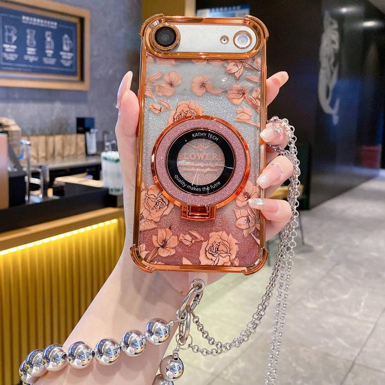 For iPhone Air Gradient Glitter Flowers Electroplated Phone Case with Beaded Strap and Long Chain