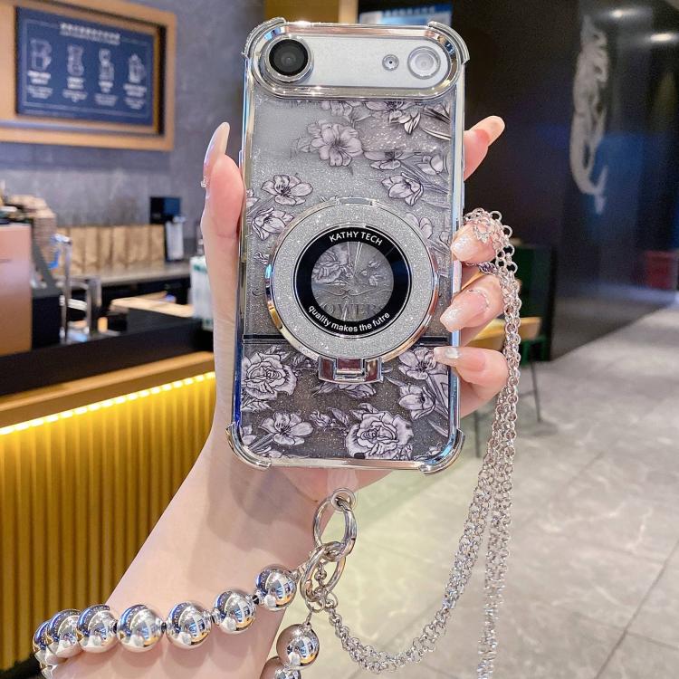 For iPhone Air Gradient Glitter Flowers Electroplated Phone Case with Beaded Strap and Long Chain