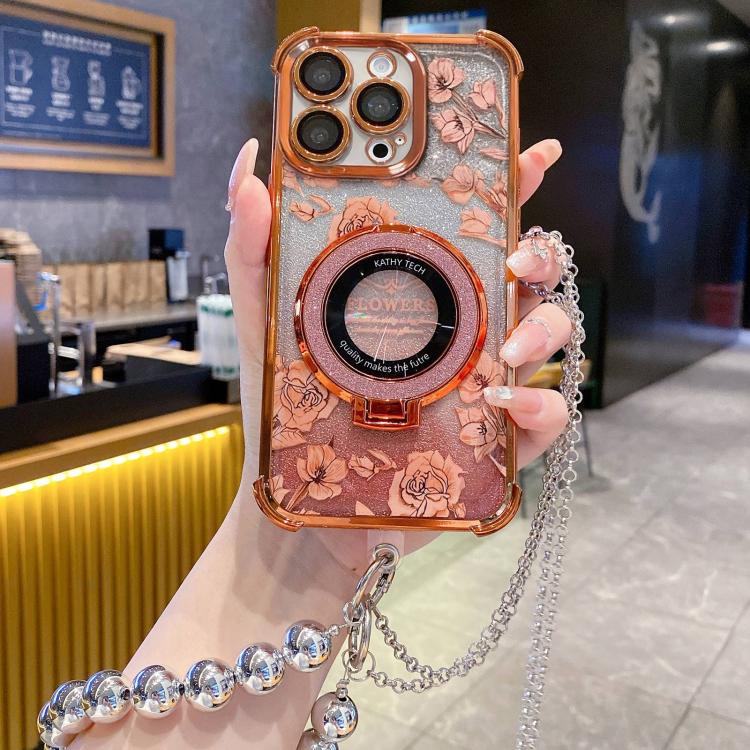For iPhone 16 Pro Max Gradient Glitter Flowers Electroplated Phone Case with Beaded Strap and Long Chain