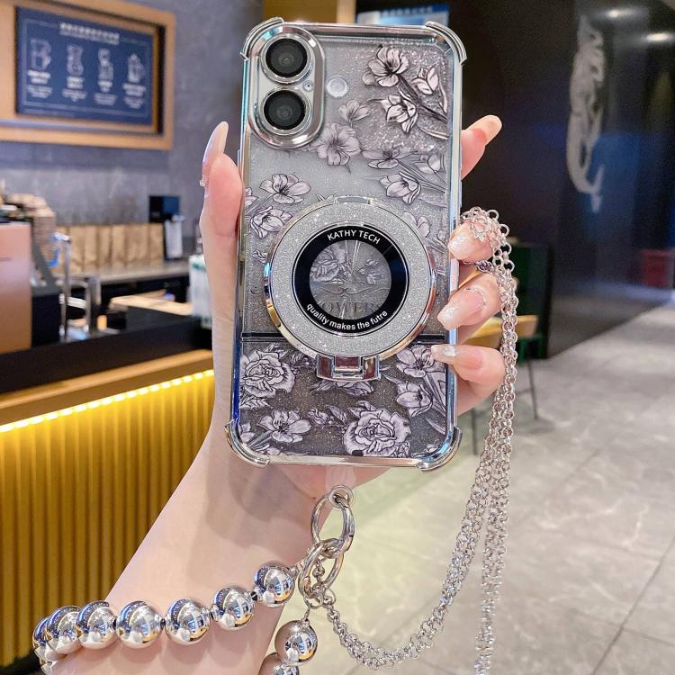 For iPhone 16 Gradient Glitter Flowers Electroplated Phone Case with Beaded Strap and Long Chain