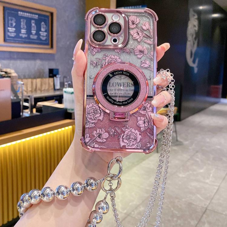 For iPhone 15 Pro Gradient Glitter Flowers Electroplated Phone Case with Beaded Strap and Long Chain