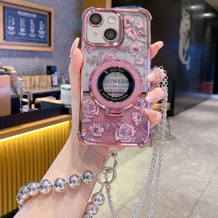 For iPhone 15 Plus Gradient Glitter Flowers Electroplated Phone Case with Beaded Strap and Long Chain