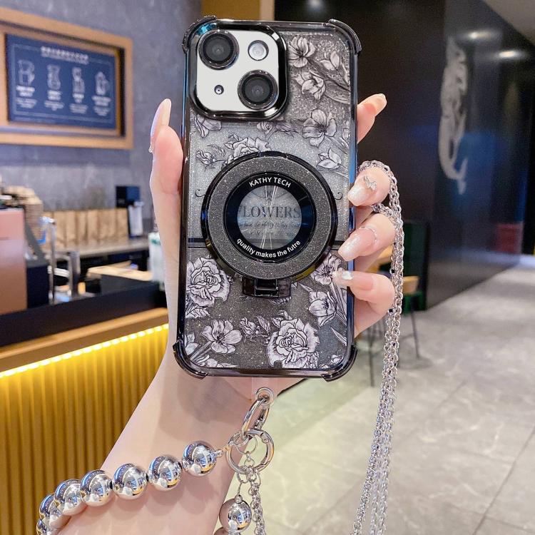 For iPhone 15 Plus Gradient Glitter Flowers Electroplated Phone Case with Beaded Strap and Long Chain