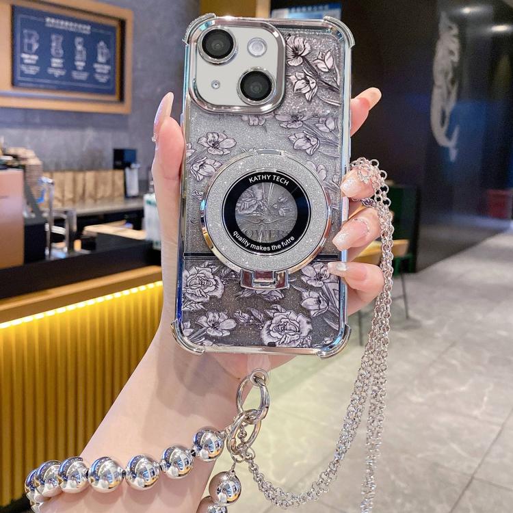 For iPhone 15 Gradient Glitter Flowers Electroplated Phone Case with Beaded Strap and Long Chain