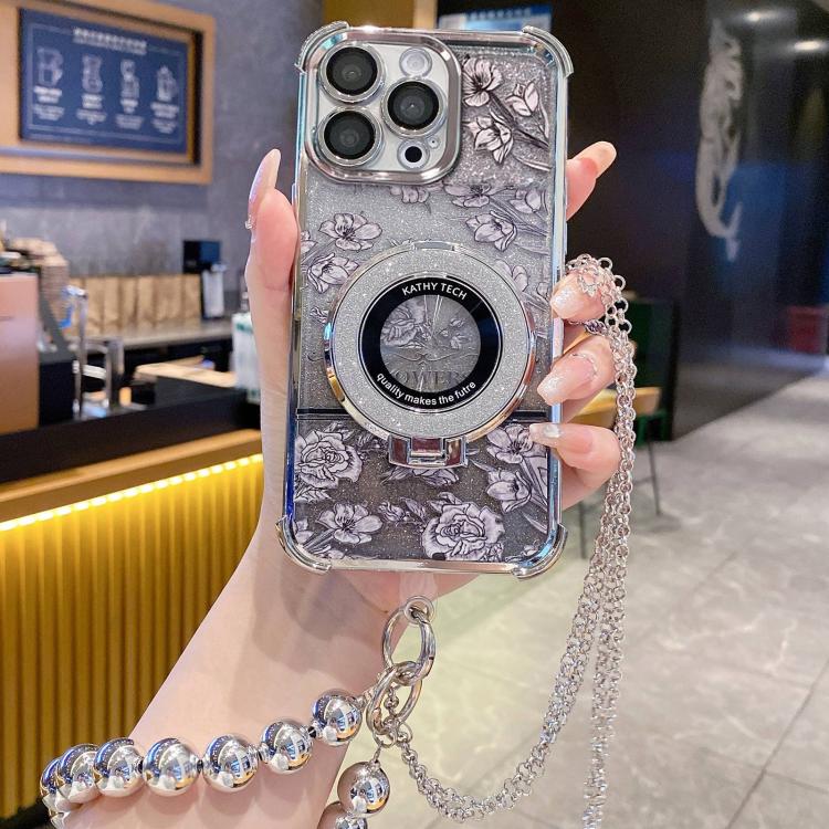 For iPhone 14 Pro Gradient Glitter Flowers Electroplated Phone Case with Beaded Strap and Long Chain