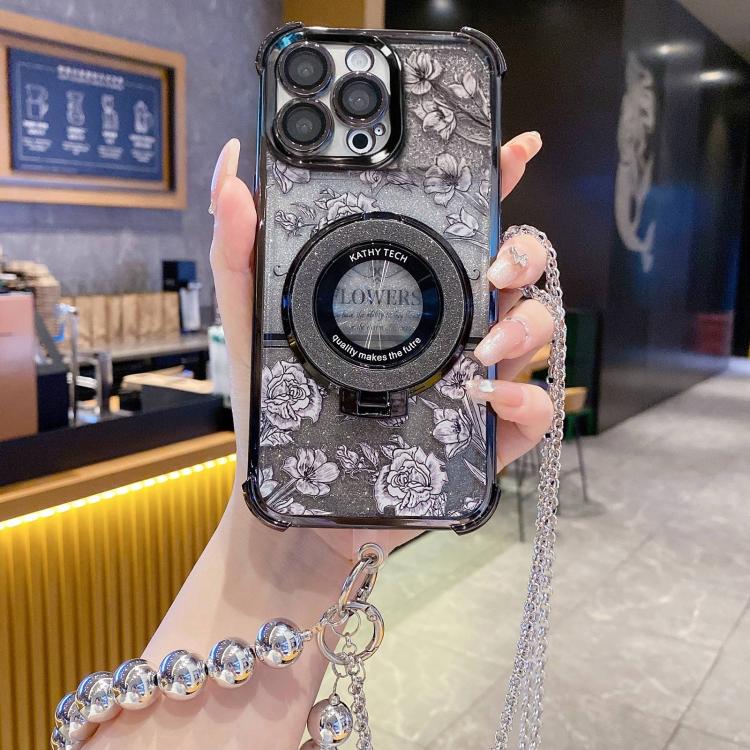 For iPhone 13 Pro Max Gradient Glitter Flowers Electroplated Phone Case with Beaded Strap and Long Chain