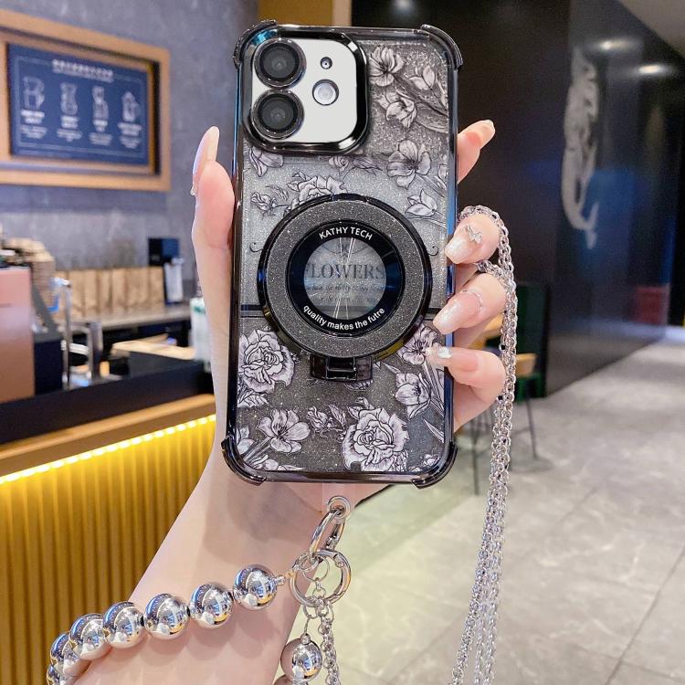 For iPhone 12 Gradient Glitter Flowers Electroplated Phone Case with Beaded Strap and Long Chain