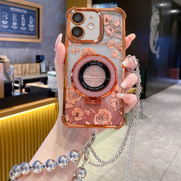 For iPhone 12 Gradient Glitter Flowers Electroplated Phone Case with Beaded Strap and Long Chain