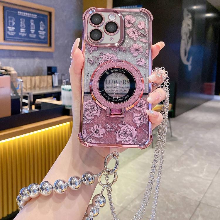 For iPhone 11 Pro Max Gradient Glitter Flowers Electroplated Phone Case with Beaded Strap and Long Chain