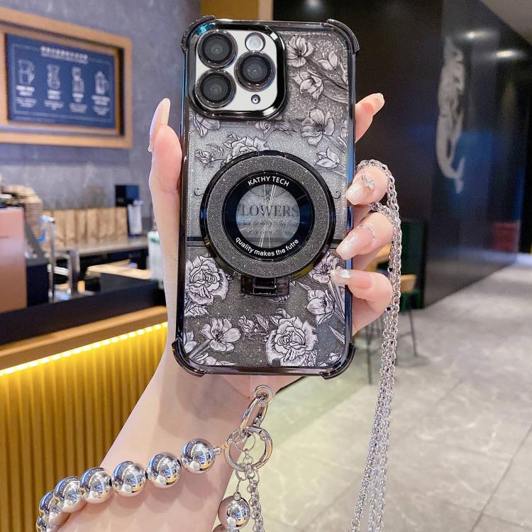 For iPhone 11 Pro Max Gradient Glitter Flowers Electroplated Phone Case with Beaded Strap and Long Chain
