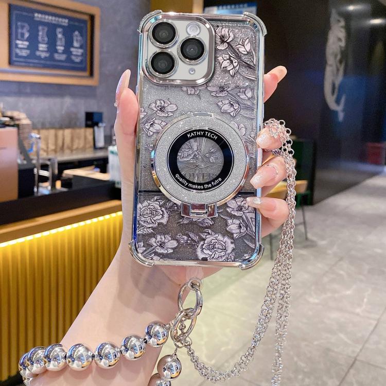 For iPhone 11 Pro Max Gradient Glitter Flowers Electroplated Phone Case with Beaded Strap and Long Chain