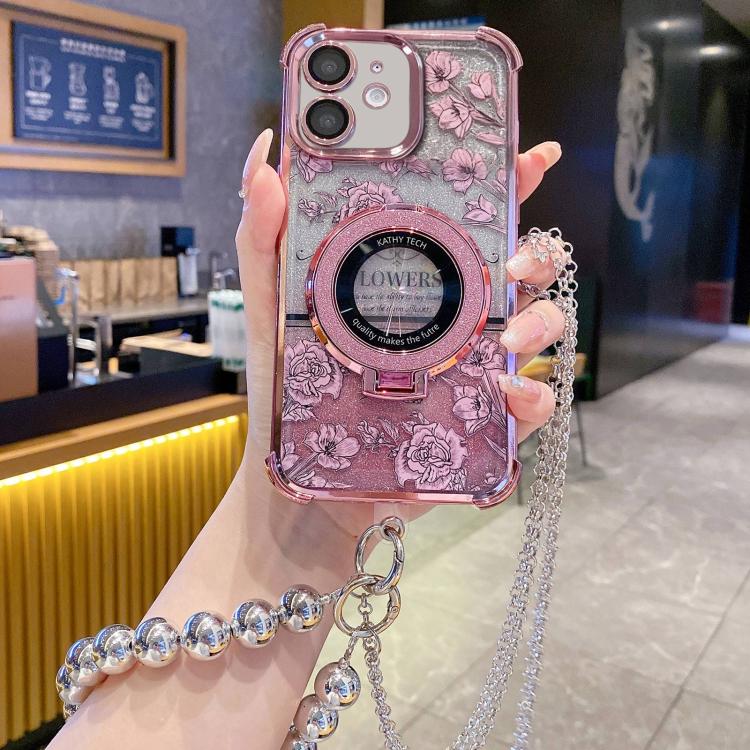 For iPhone 11 Gradient Glitter Flowers Electroplated Phone Case with Beaded Strap and Long Chain