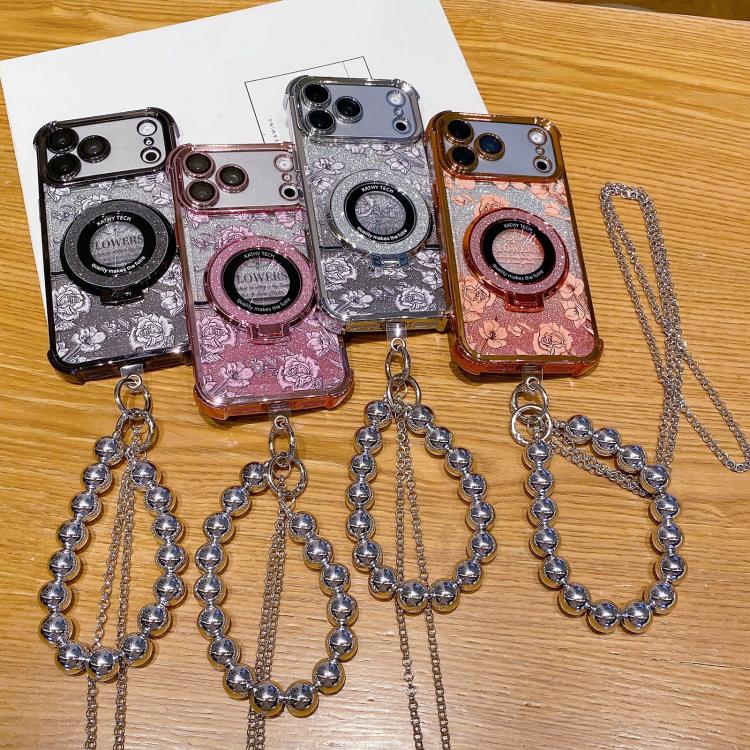 For iPhone 16 Pro Gradient Glitter Flowers Electroplated Phone Case with Beaded Strap and Long Chain