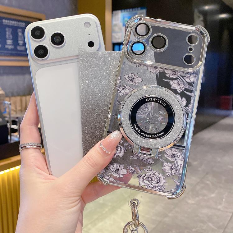 For iPhone 15 Pro Gradient Glitter Flowers Electroplated Phone Case with Beaded Strap and Long Chain
