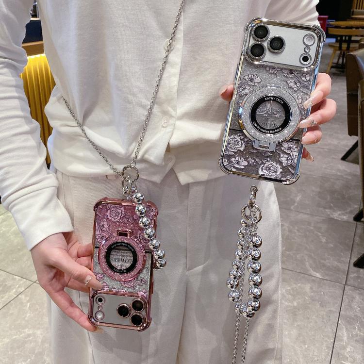 For iPhone 13 Pro Gradient Glitter Flowers Electroplated Phone Case with Beaded Strap and Long Chain