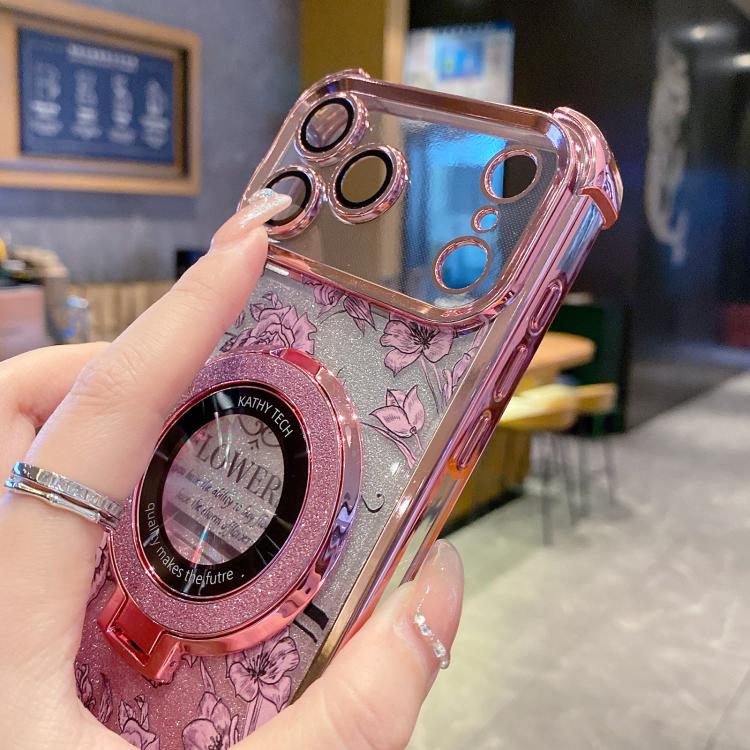 For iPhone 16 Pro Gradient Glitter Flowers Electroplated Phone Case with Beaded Strap and Long Chain