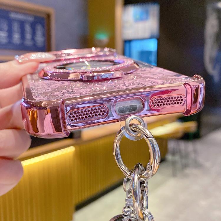 For iPhone 11 Pro Max Gradient Glitter Flowers Electroplated Phone Case with Beaded Strap and Long Chain