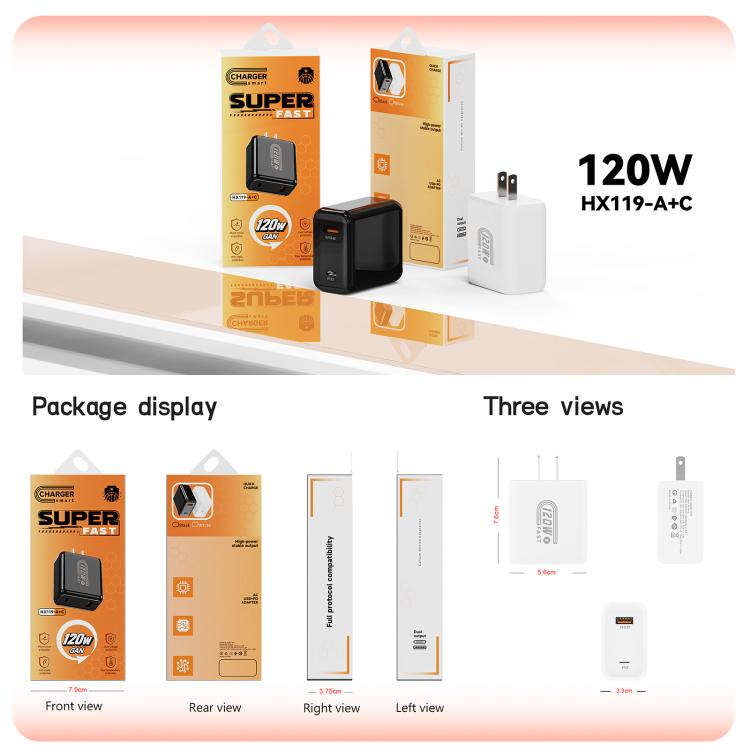 HX119 120W USB and Type-C Dual Interface Fast Charger, Plug:US Plug