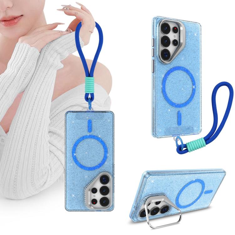 For Samsung Galaxy S23 5G Camera Bracket Glitter Magnetic Phone Case with Lanyard