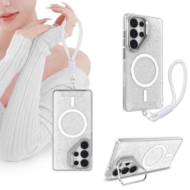 For Samsung Galaxy S23 Ultra 5G Camera Bracket Glitter Magnetic Phone Case with Lanyard