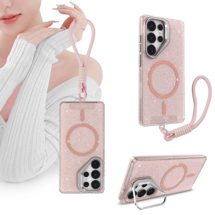 For Samsung Galaxy S24+ 5G Camera Bracket Glitter Magnetic Phone Case with Lanyard
