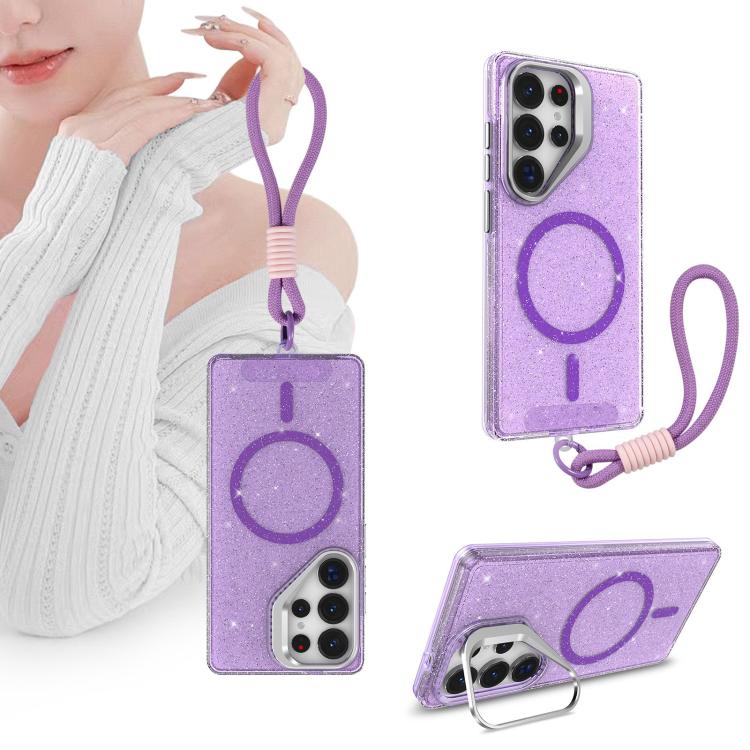 For Samsung Galaxy S26+ 5G Camera Bracket Glitter Magnetic Phone Case with Lanyard