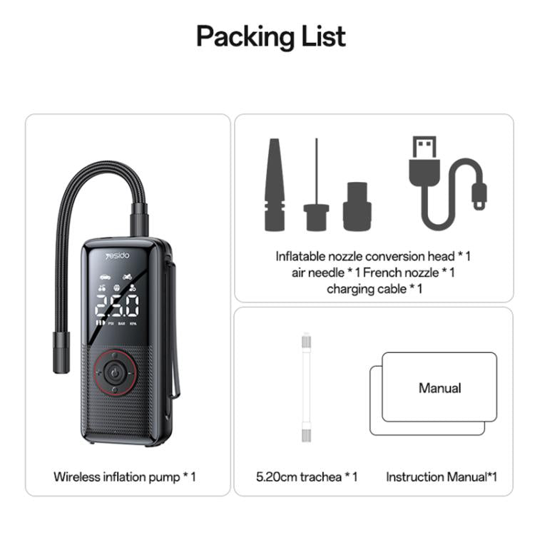 Yesido VC17 HD LED Display 85W Cordless Air Pump Car Tires Inflator - Black