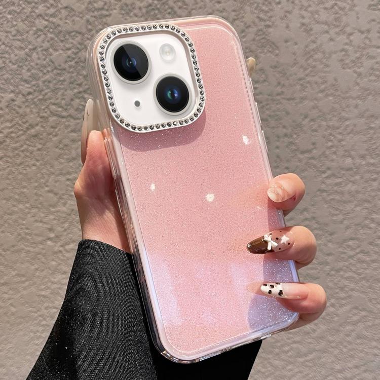 For iPhone 15 Solid Color Glitter & Rhinestone Design Phone Case