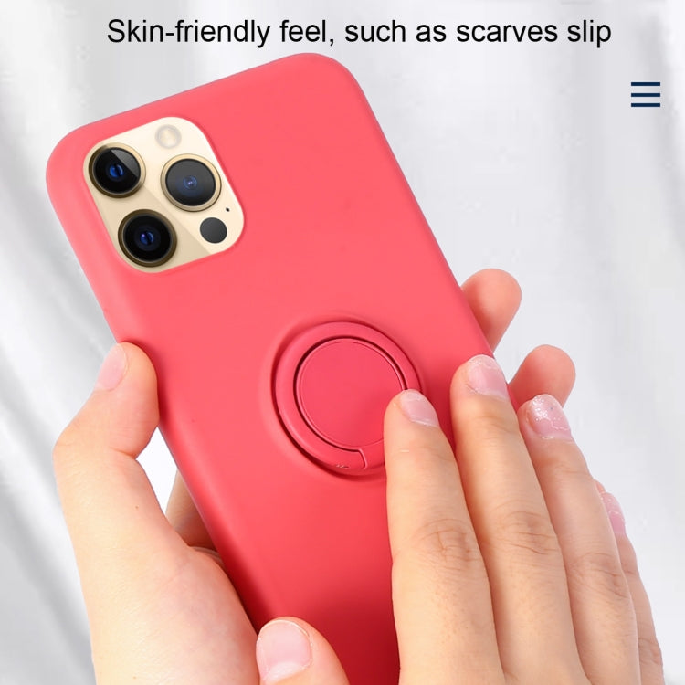 For iPhone 12 / 12 Pro Solid Color Liquid Silicone Shockproof Full Coverage Protective Case with Ring Holder