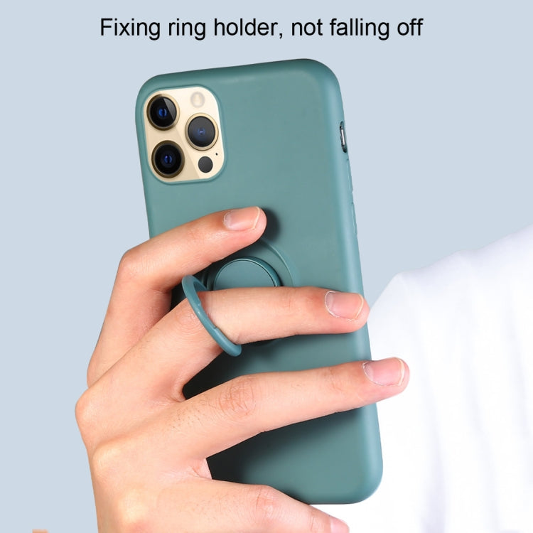 For iPhone 12 / 12 Pro Solid Color Liquid Silicone Shockproof Full Coverage Protective Case with Ring Holder