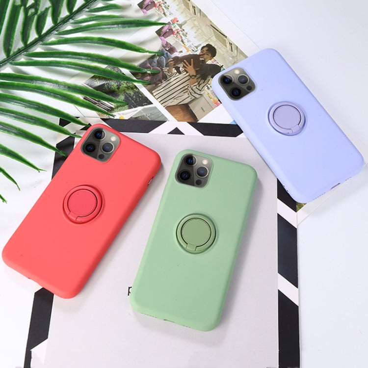 For iPhone 12 / 12 Pro Solid Color Liquid Silicone Shockproof Full Coverage Protective Case with Ring Holder