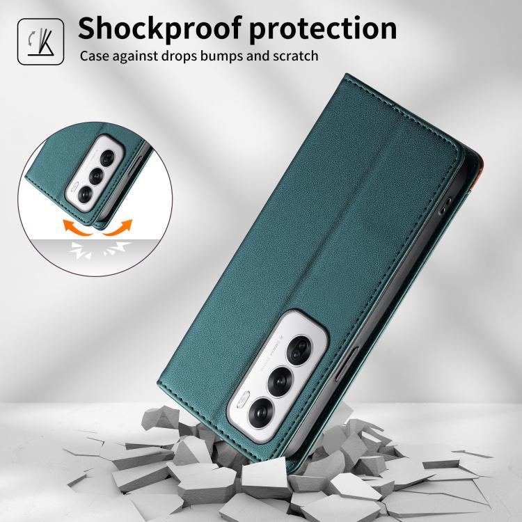 For OPPO Reno12 Global Dierfeng Splicing Strong Magnetic RFID Vegan Leather Phone Case