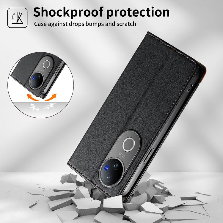 For vivo V50 Dierfeng Splicing Strong Magnetic RFID Vegan Leather Phone Case