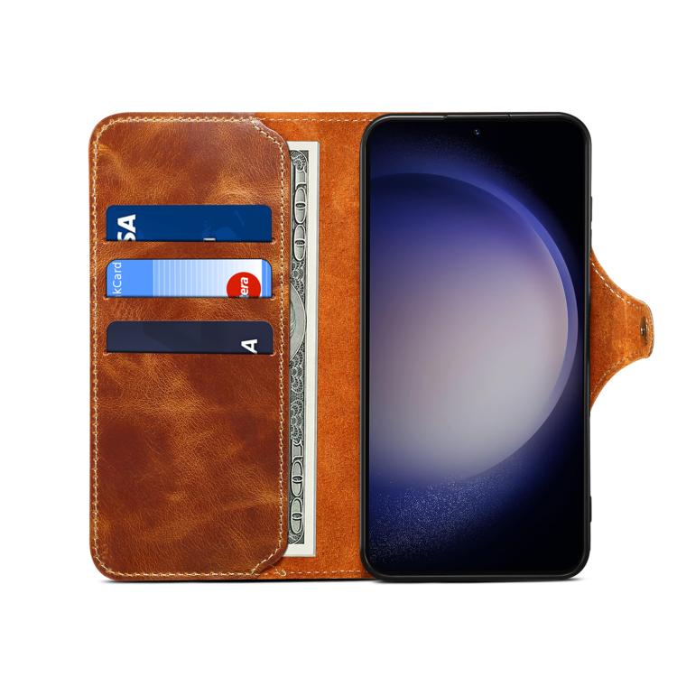 For Samsung Galaxy S26 5G Denior B01 Oil Wax Cowhide Magnetic Button Genuine Leather Case