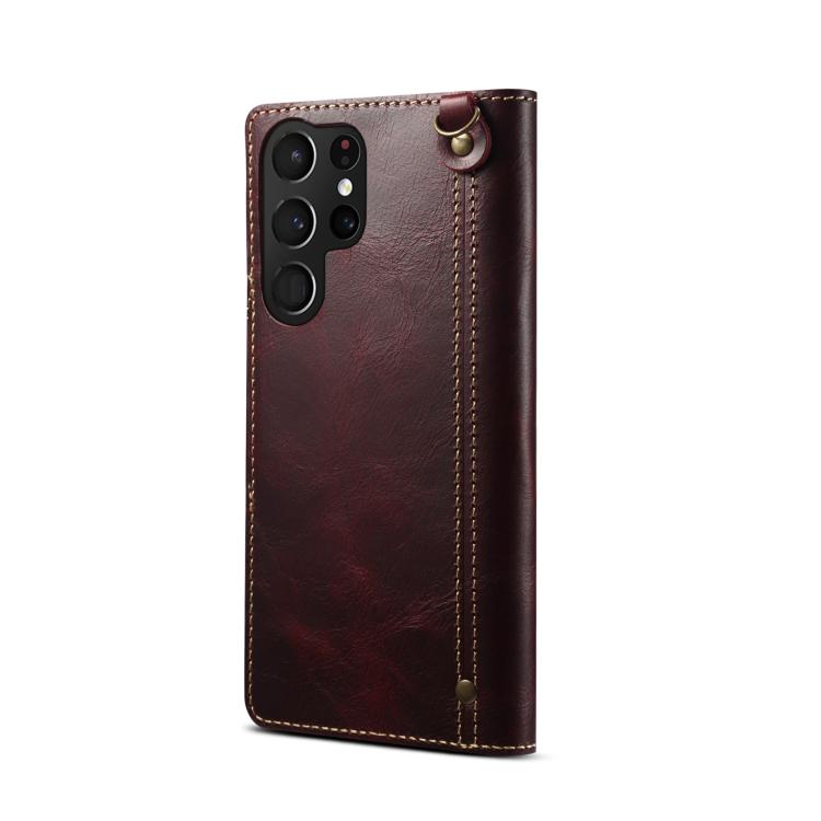 For Samsung Galaxy S26 Ultra 5G Denior B01 Oil Wax Cowhide Magnetic Button Genuine Leather Case