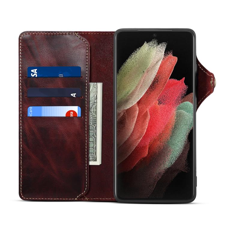 For Samsung Galaxy S26 Ultra 5G Denior B01 Oil Wax Cowhide Magnetic Button Genuine Leather Case