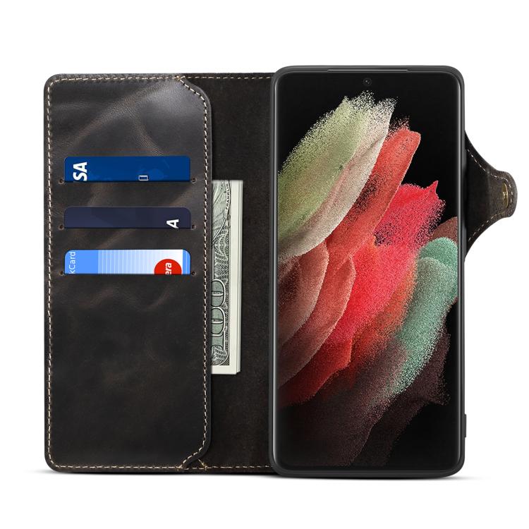 For Samsung Galaxy S26 Ultra 5G Denior B01 Oil Wax Cowhide Magnetic Button Genuine Leather Case