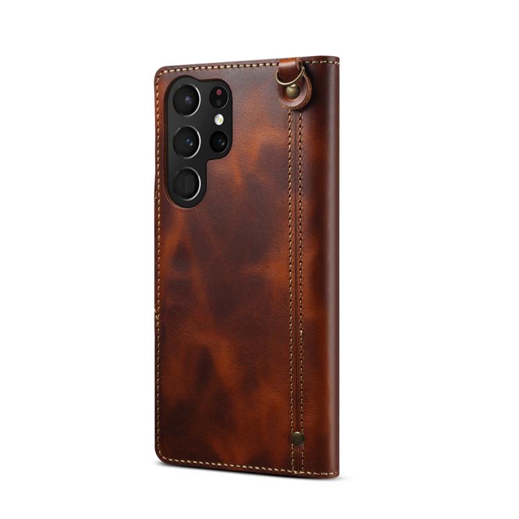 For Samsung Galaxy S26 Ultra 5G Denior B01 Oil Wax Cowhide Magnetic Button Genuine Leather Case