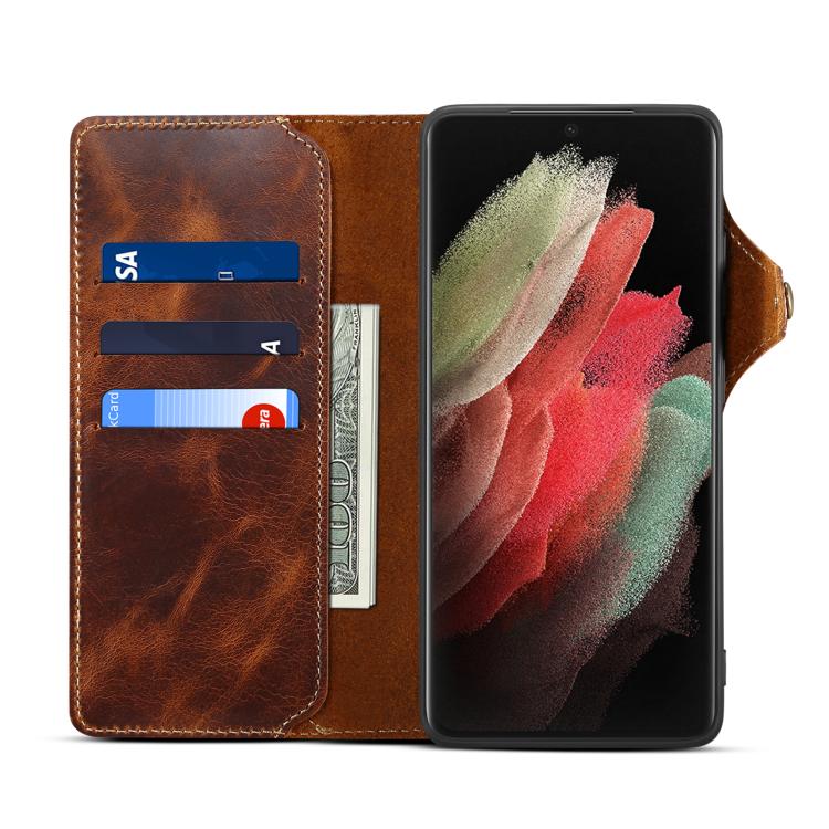 For Samsung Galaxy S26 Ultra 5G Denior B01 Oil Wax Cowhide Magnetic Button Genuine Leather Case