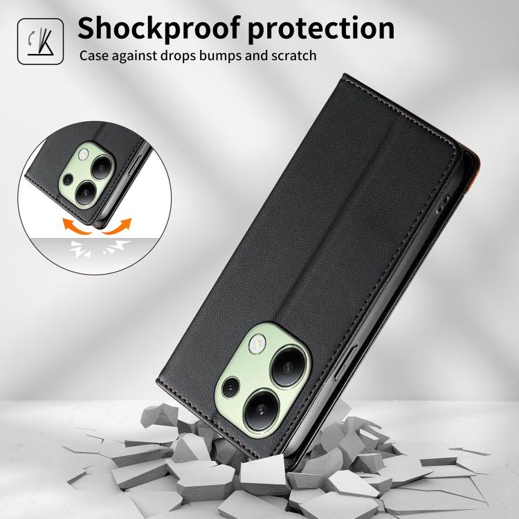For Redmi Note 13 4G Dierfeng Splicing Strong Magnetic RFID Vegan Leather Phone Case