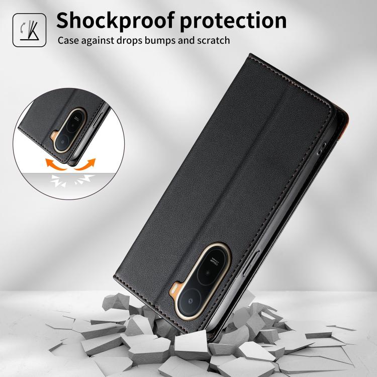 For Redmi A7 Pro 4G / 5G 171mm / Poco C85x 5G Dierfeng Splicing Strong Magnetic RFID Vegan Leather Phone Case