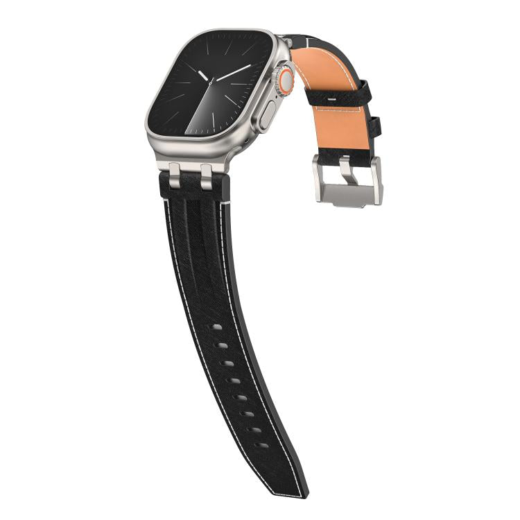 For Apple Watch 46mm / 49mm / 45mm / 44mm Denim Stitching Vegan Leather Watch Band