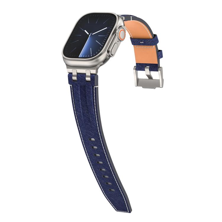 For Apple Watch 46mm / 49mm / 45mm / 44mm Denim Stitching Vegan Leather Watch Band