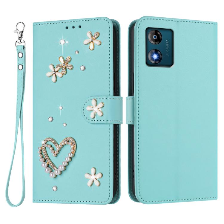 For Motorola Moto E13 ZS01 Double-Layer Heart Floral Vegan Leather Phone Case with Wrist Strap