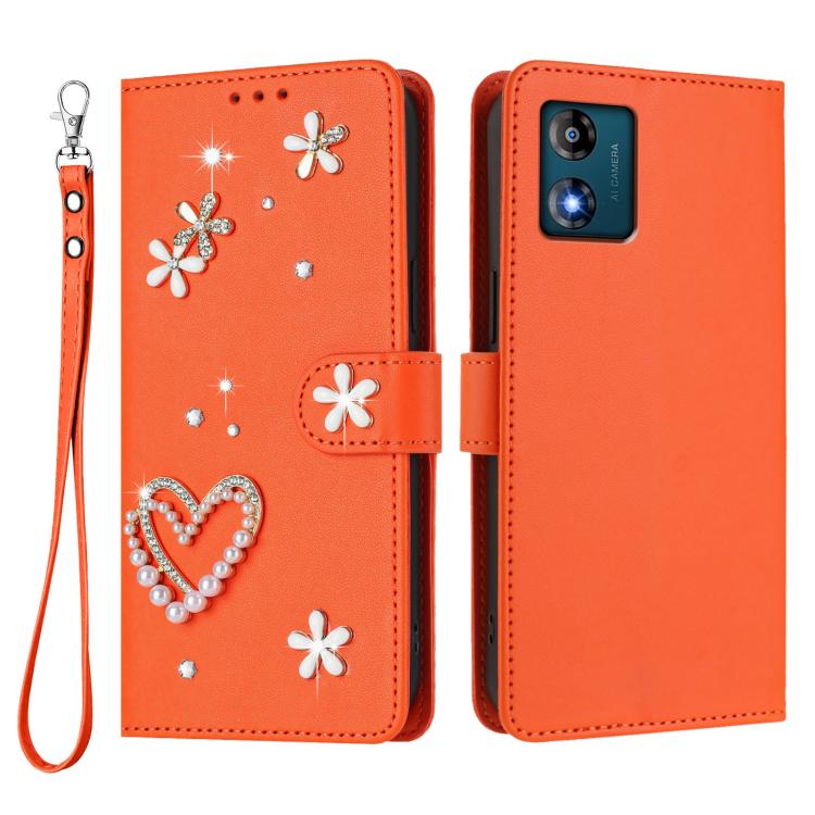 For Motorola Moto E13 ZS01 Double-Layer Heart Floral Vegan Leather Phone Case with Wrist Strap