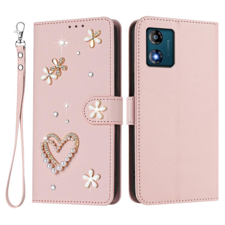 For Motorola Moto E13 ZS01 Double-Layer Heart Floral Vegan Leather Phone Case with Wrist Strap