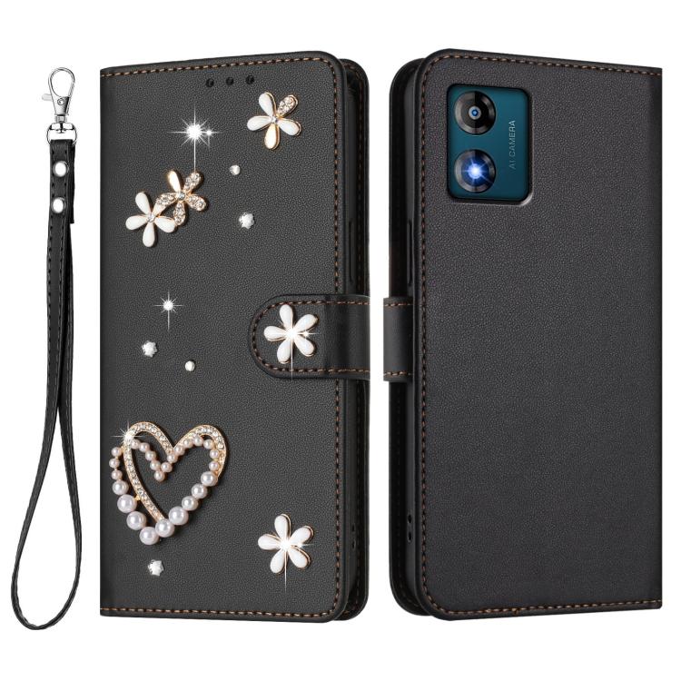 For Motorola Moto E13 ZS01 Double-Layer Heart Floral Vegan Leather Phone Case with Wrist Strap