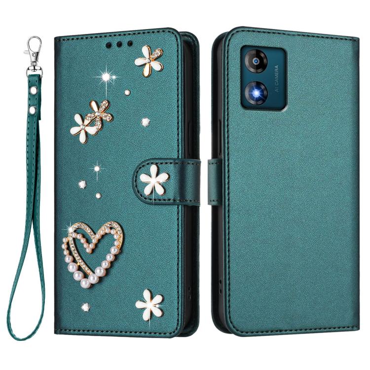 For Motorola Moto E13 ZS01 Double-Layer Heart Floral Vegan Leather Phone Case with Wrist Strap