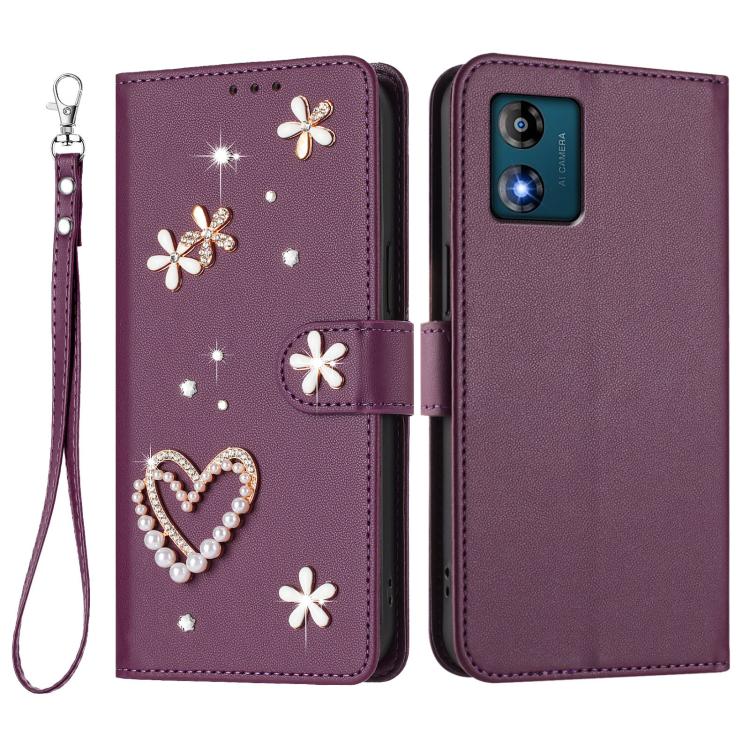 For Motorola Moto E13 ZS01 Double-Layer Heart Floral Vegan Leather Phone Case with Wrist Strap